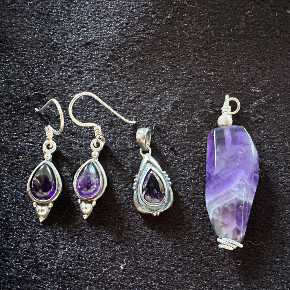 Purple and Silver Earrings with Pendants
